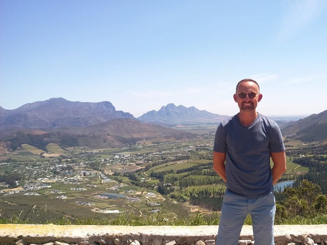 The whole Franschhoek valley seen from the top of the pass, vineyards to the mountains