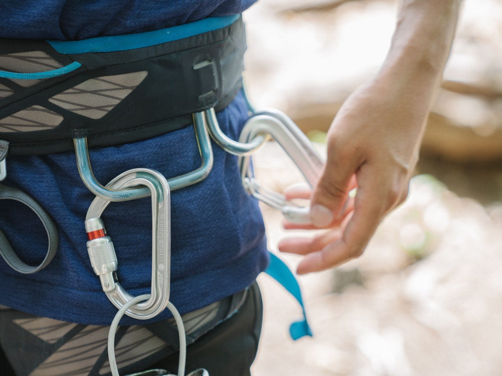A guide checking harness clips on a wooden platform above the forest